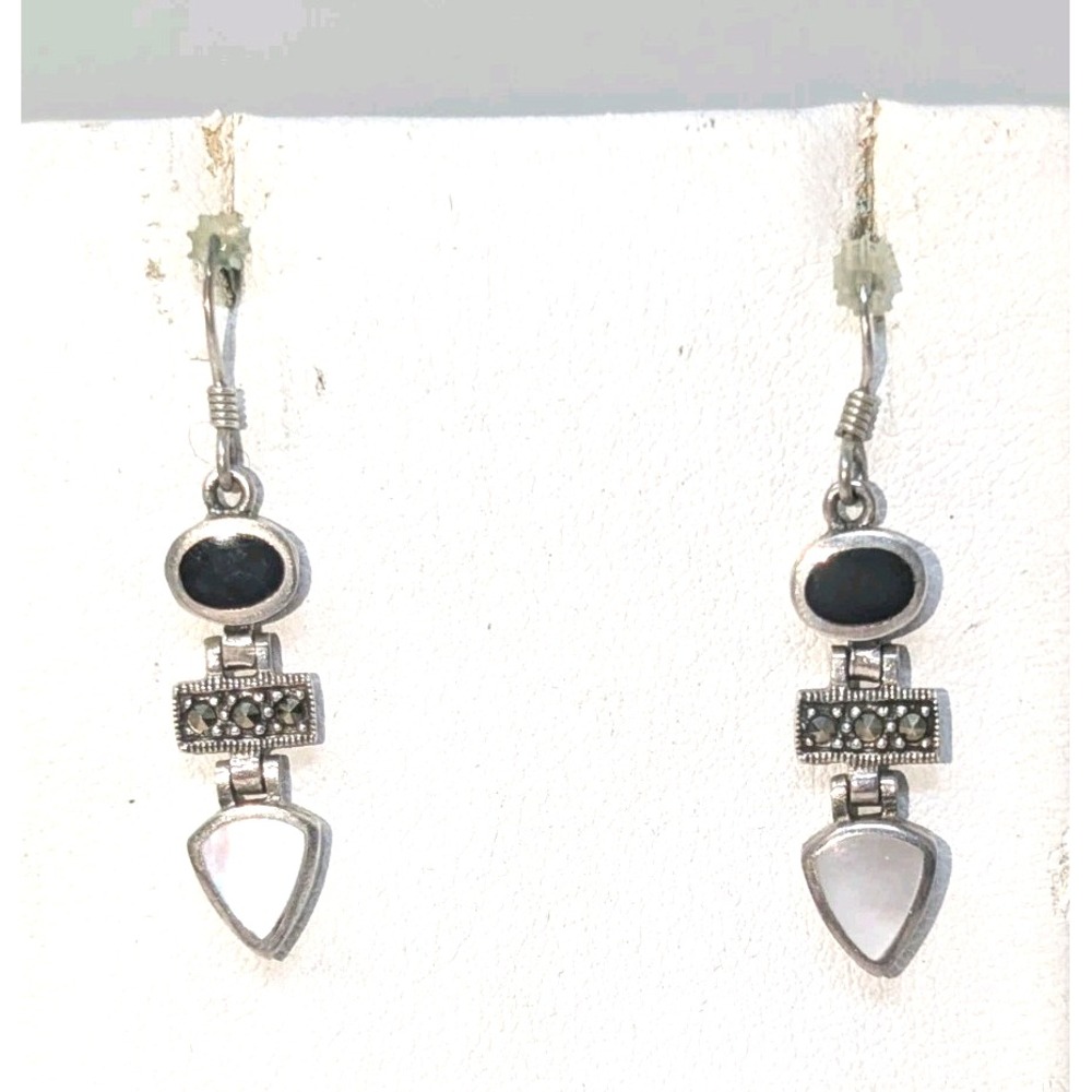 925 Sterling Silver Dangle Earrings Black Onyx Mother of Pearl Marcasite 4.18g